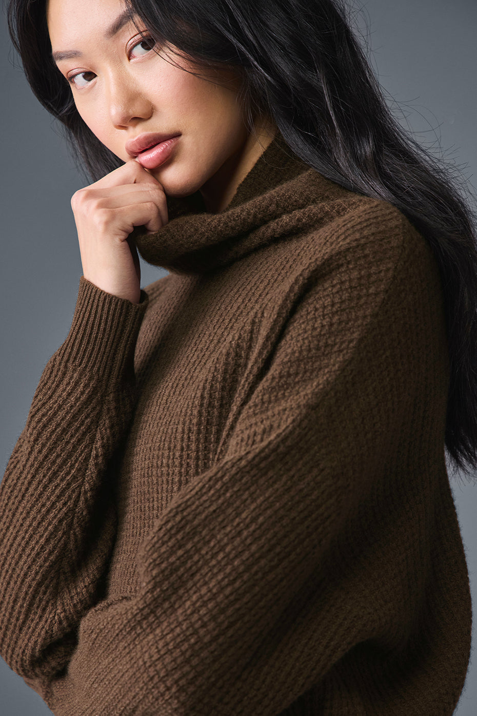 Cashmere Plush Waffle Turtleneck Pullover - Espresso - Image 3