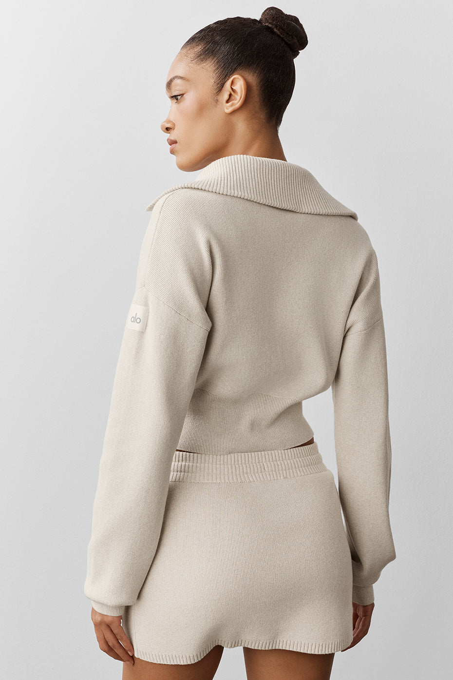 Scholar Knit Cropped Full Zip Jacket - Oatmeal Heather - Image 2